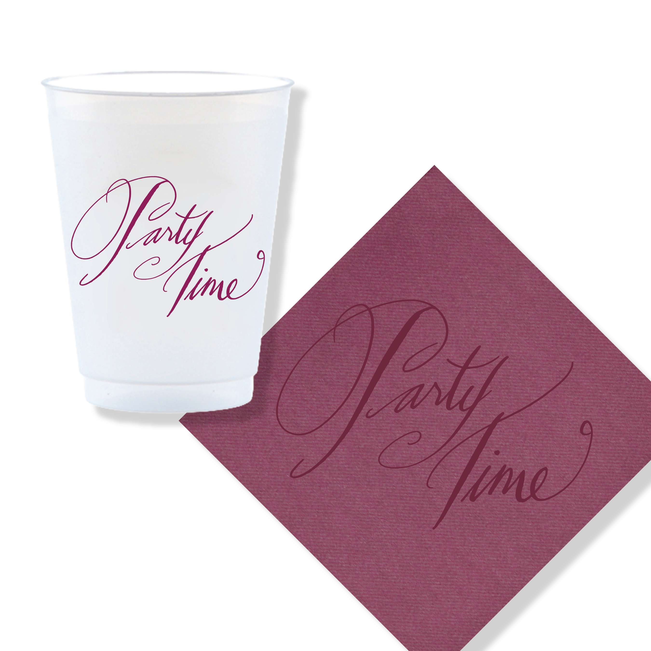 Set of Party Time reusable plastic cups with raspberry calligraphy for parties and entertaining