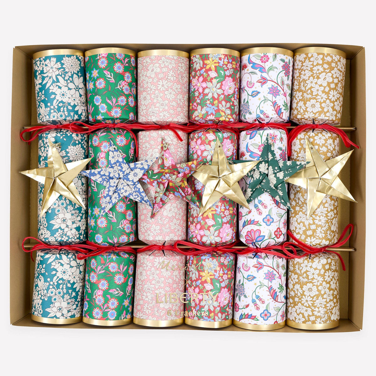 Set of six Liberty Christmas crackers in assorted festive prints