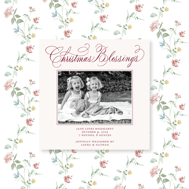 Laura Small Square Classic Letterpress Birth Announcement Holiday Card